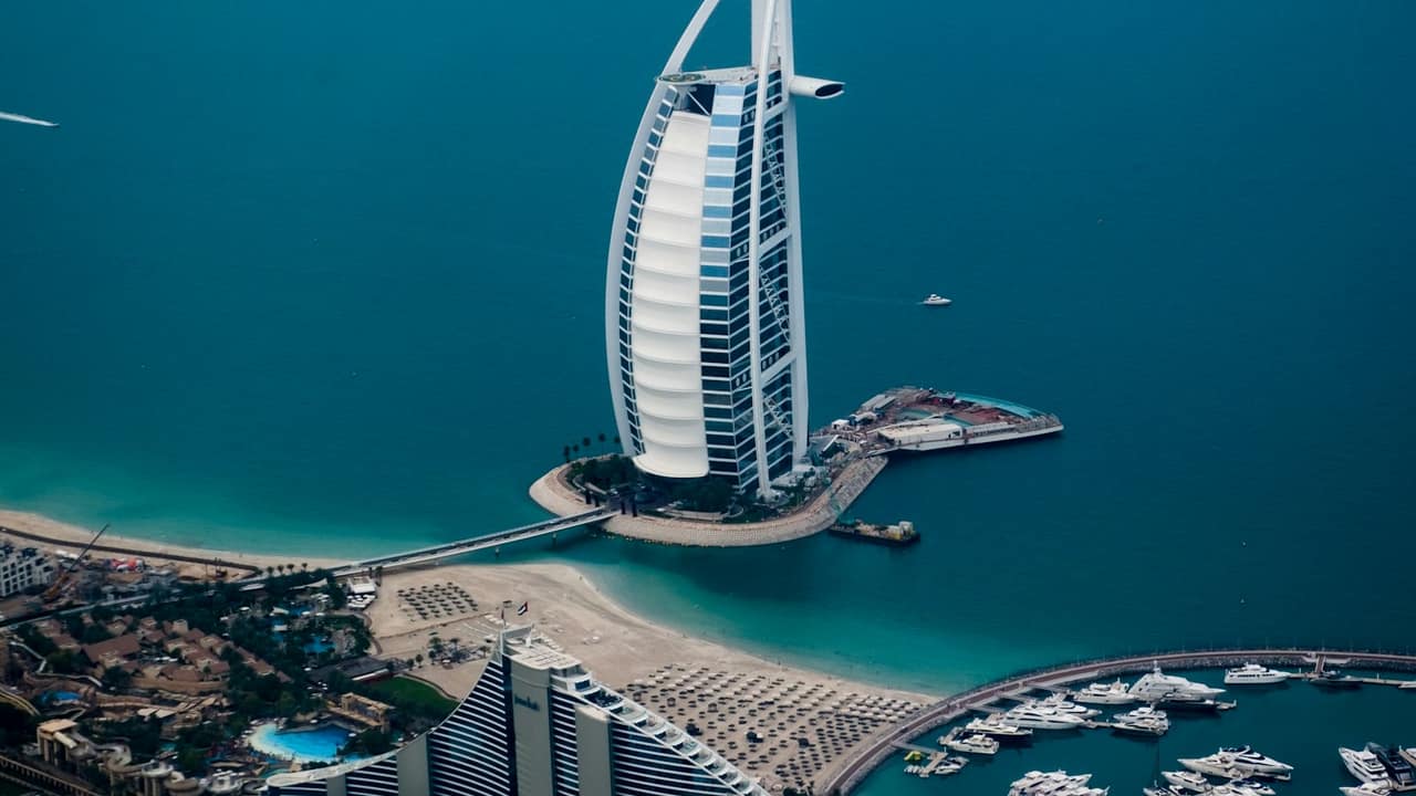 Dubai Marina skyline with yacht harbour